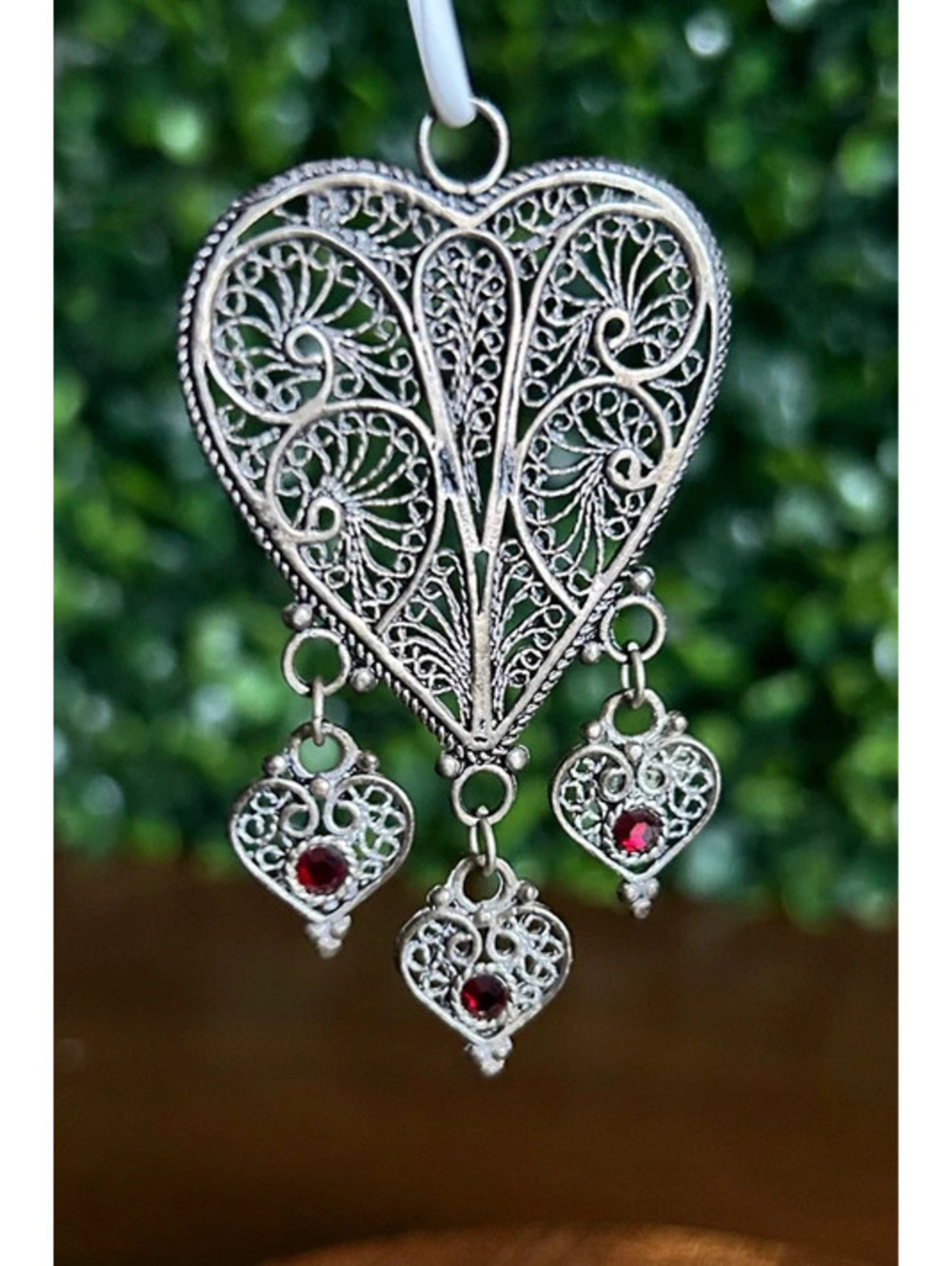 Vintage Sterling Silver 925 Openwork Heart Pendant Red Stones Dangle Charms